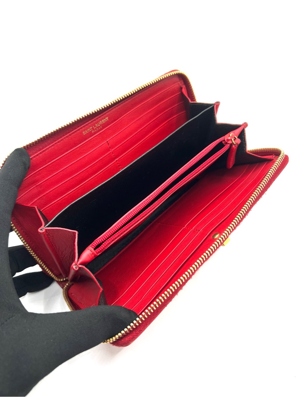 Authentic SAINT LAURENT YSL Calfskin Red Leather Zip Long Wallet - Picture 5 of 10